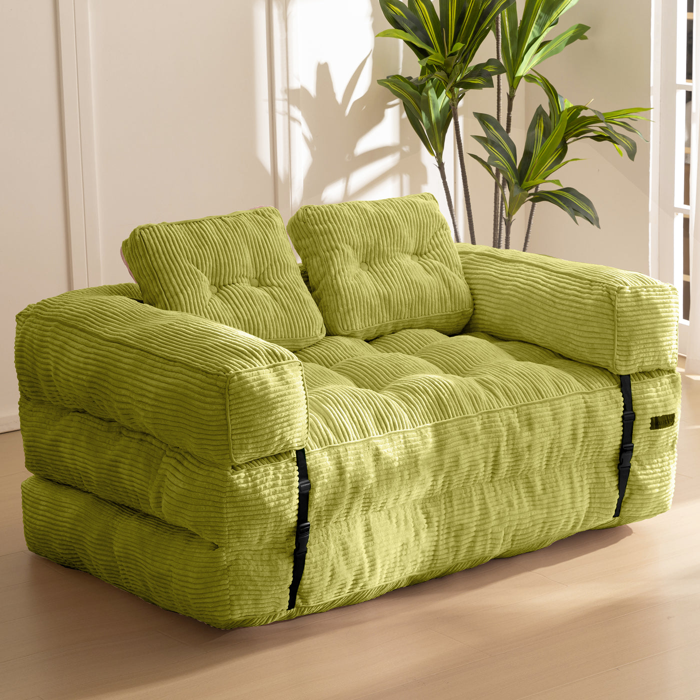 MAXYOYO Folding Sofa Bed, L-Shaped Convertible Sofa Bed with Armrest Foldable Sleeper Couch with Pillow, Portable Fold Out Chair Comfy Floor Couch Lounge for Living Room Bedroom, Green, Double