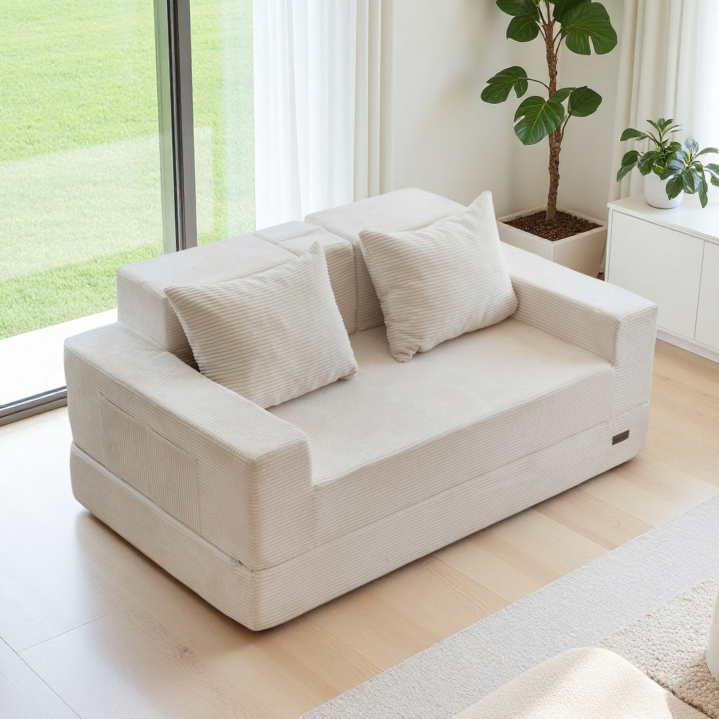 MAXYOYO Convertible Loveseat Sofa Bed – Corded Foldable Floor Recliner with Cup Holders, Beige