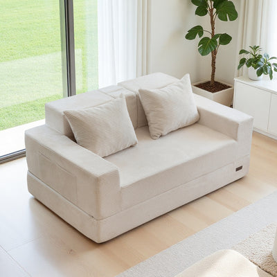 MAXYOYO Convertible Loveseat Sofa Bed – Corded Foldable Floor Recliner with Cup Holders, Beige