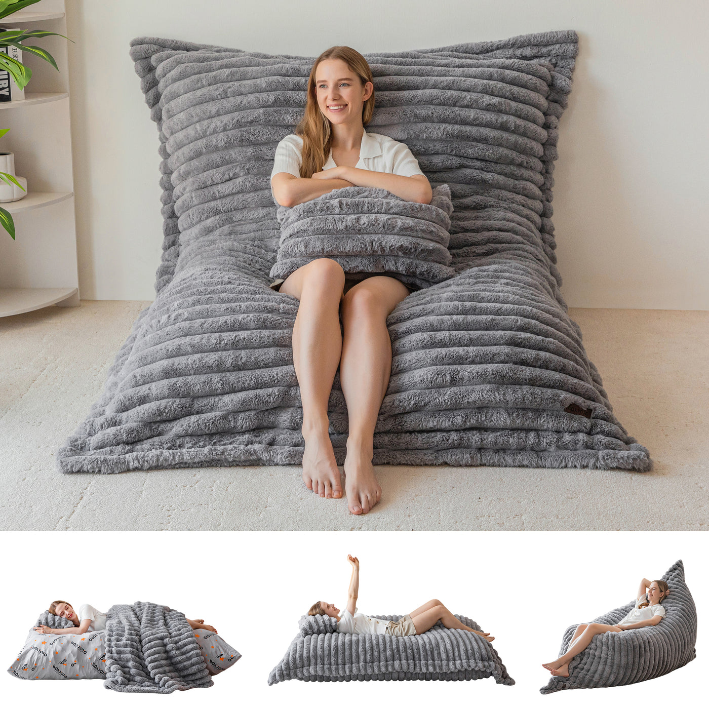 MAXYOYO Giant Bean Bag Chair with Pillow, 3 in 1 Convertible Bean Bag Bed for Adults with Washable Cover, Removable Floor Cushion Stuffed Floor Lounger for Living Room Bedroom