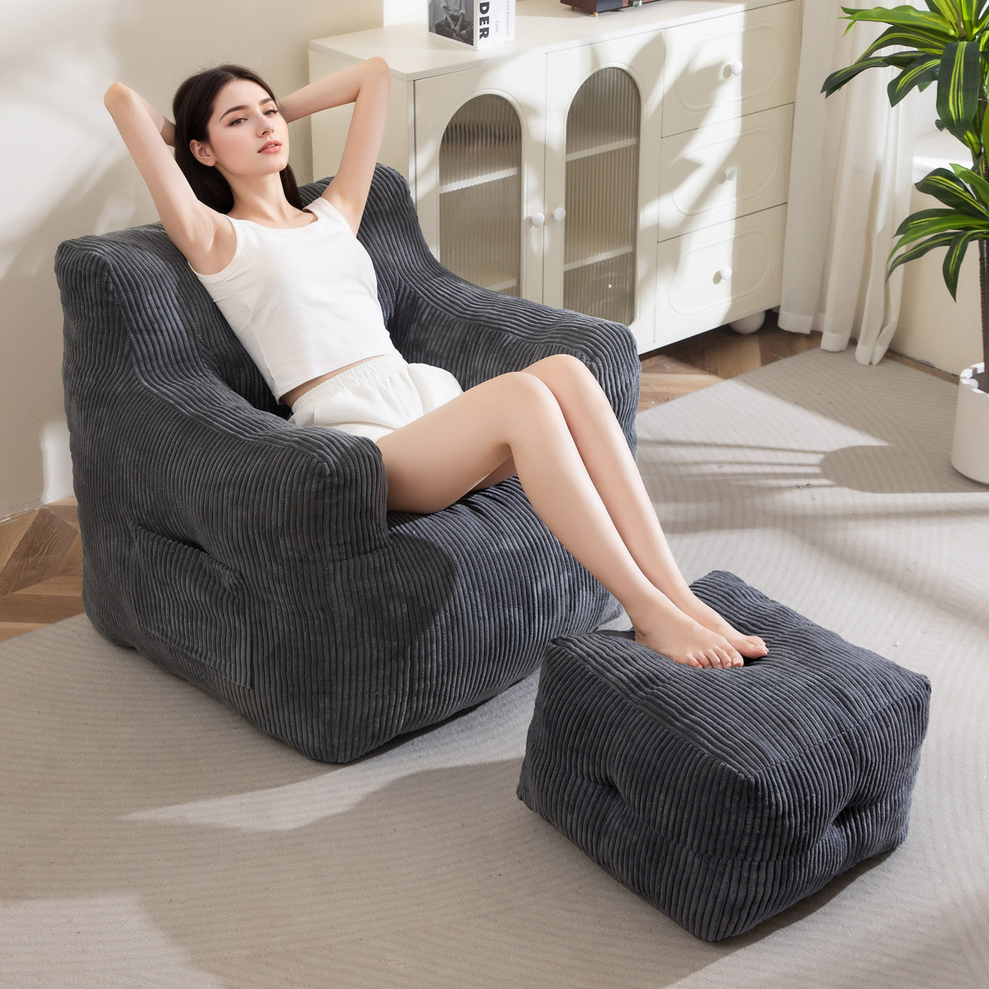 MAXYOYO Tufted Bean Bag Chair with Ottoman, Corduroy Bean Bag Couch Lazy Chair with Filler for Adult, Grey