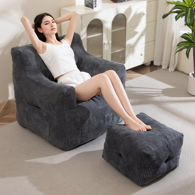 MAXYOYO Tufted Bean Bag Chair with Ottoman, Corduroy Bean Bag Couch Lazy Chair with Filler for Adult, Grey