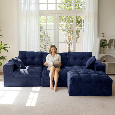 MAXYOYO L Shaped Sectional Sofa with Ottoman, Cloud Boneless Couch with Layered Cushion, Upholstered Modular Sofa with Tufting, Flexible Module Combination for Living Room, No Assembly Required, Navy