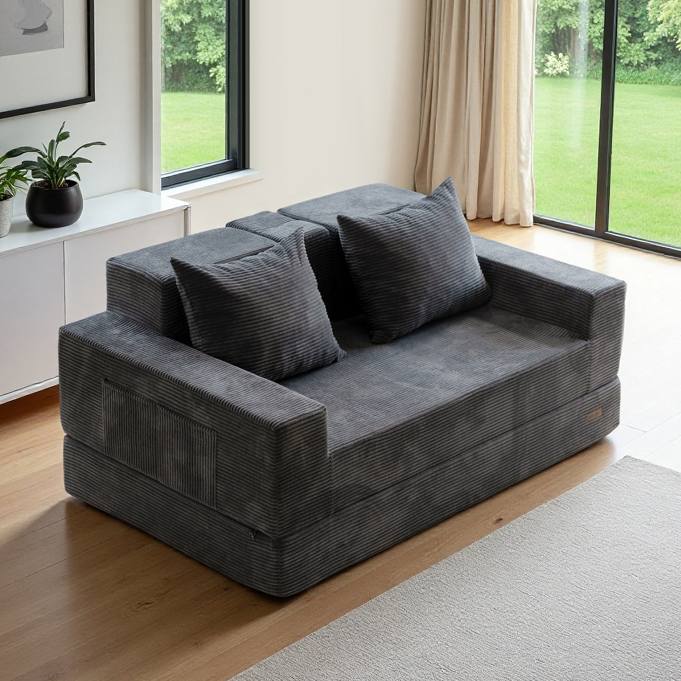 MAXYOYO Loveseat Floor Sofa Bed – Corded 4-in-1 Reclining Couch with Cup Holders & Pillows, Dark Grey