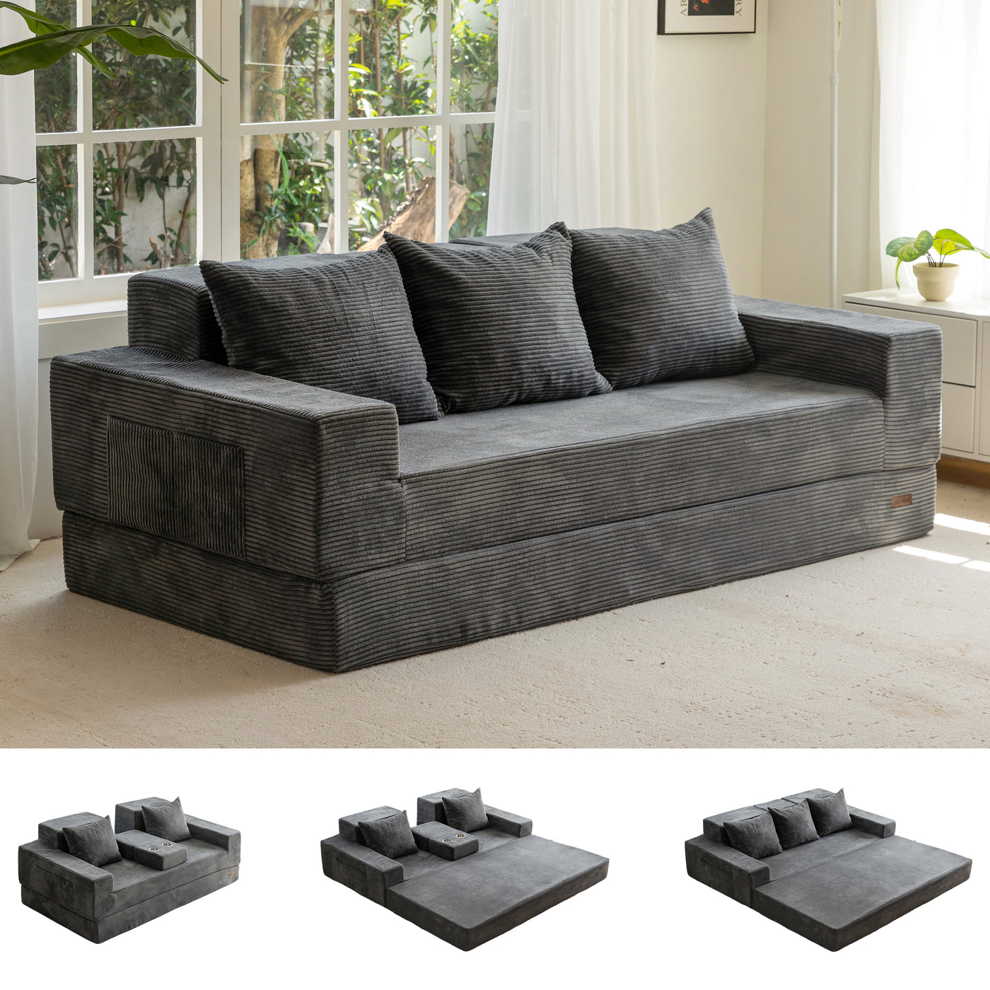 MAXYOYO Sofa Bed, 4 in 1 Foldable Floor Sofa Couch in A Box with 2 Cup Holders, Convertible 3 Seater Boneless Couch Folding Recliner Sleeper Chair for Living Room, No Assembly Required