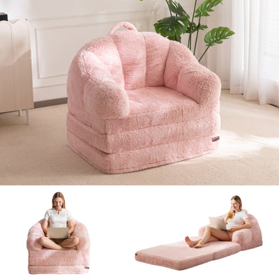 MAXYOYO Folding Sofa Bed, 2 in 1 Convertible Sofa to Lounger Comfy Single Bean Bag Chair for Adults, Floor Sleeper Couch with Handle, Faux Fur Couch Bed for Living Room Bedroom, Pink