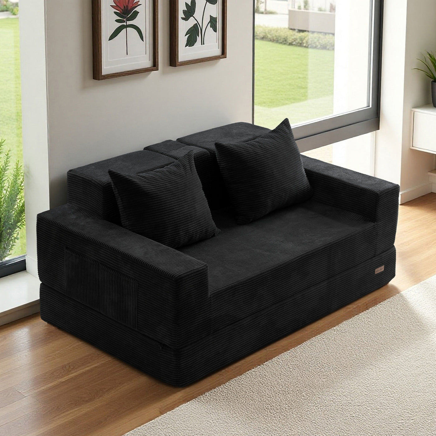 MAXYOYO 4-in-1 Loveseat Foldable Sofa Bed – Corded Convertible Floor Couch with Cup Holders, No Assembly, Black