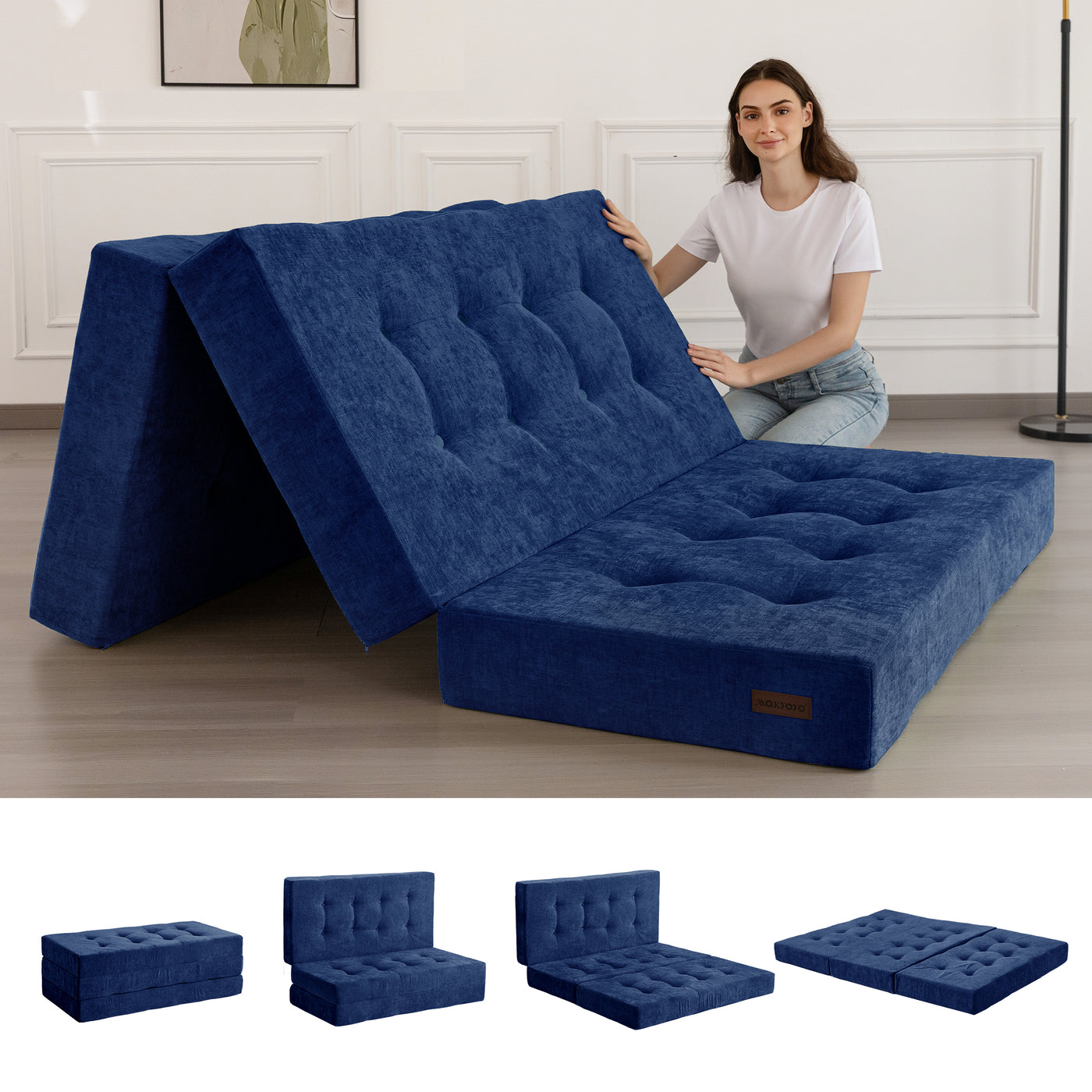 MAXYOYO Tri-Fold Mattress, 6 Inch Tufted Folding Mattress with Chenille Fabric, Portable Queen Size Floor Guest Mat for Adults, Foldable Topper for Camping