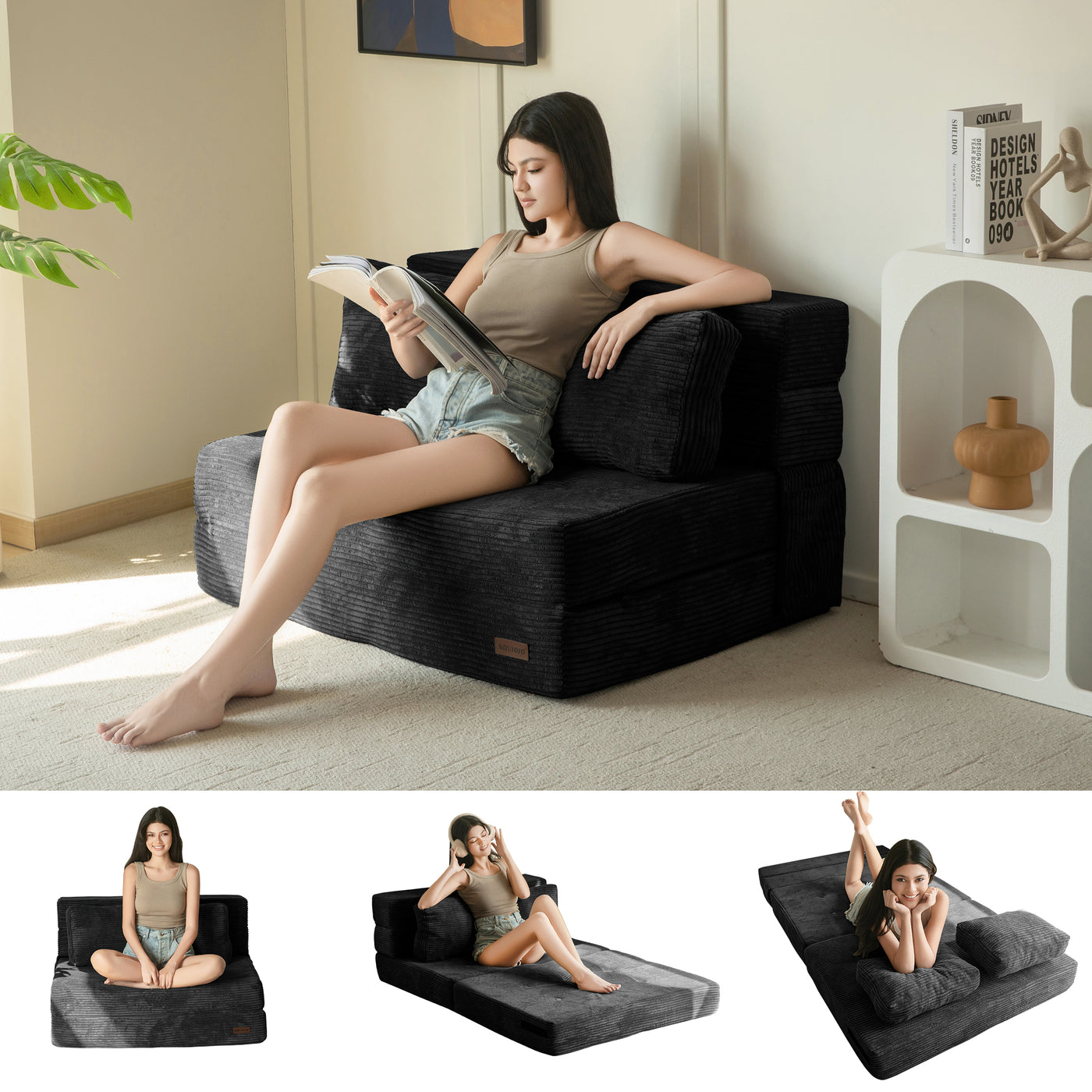 MAXYOYO Convertible Sofa Bed, Fold Out Single Sleeper Sofa with Pillow, 3 in 1 Folding Couch Bed Foam Floor Couch, Lazy Chair for Living Room Bedroom Guest Room, Black