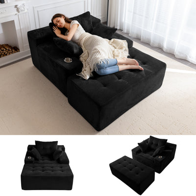 MAXYOYO Oversized Chaise Lounge Sofa, Upholstered Lounge Chair with 3 Pillows Indoor, Tufted Boneless Sofa Couch with Ottoman, Modern Deep Seat Sleeper Chair for Livingroom, Bedroom, No Assembly, Black