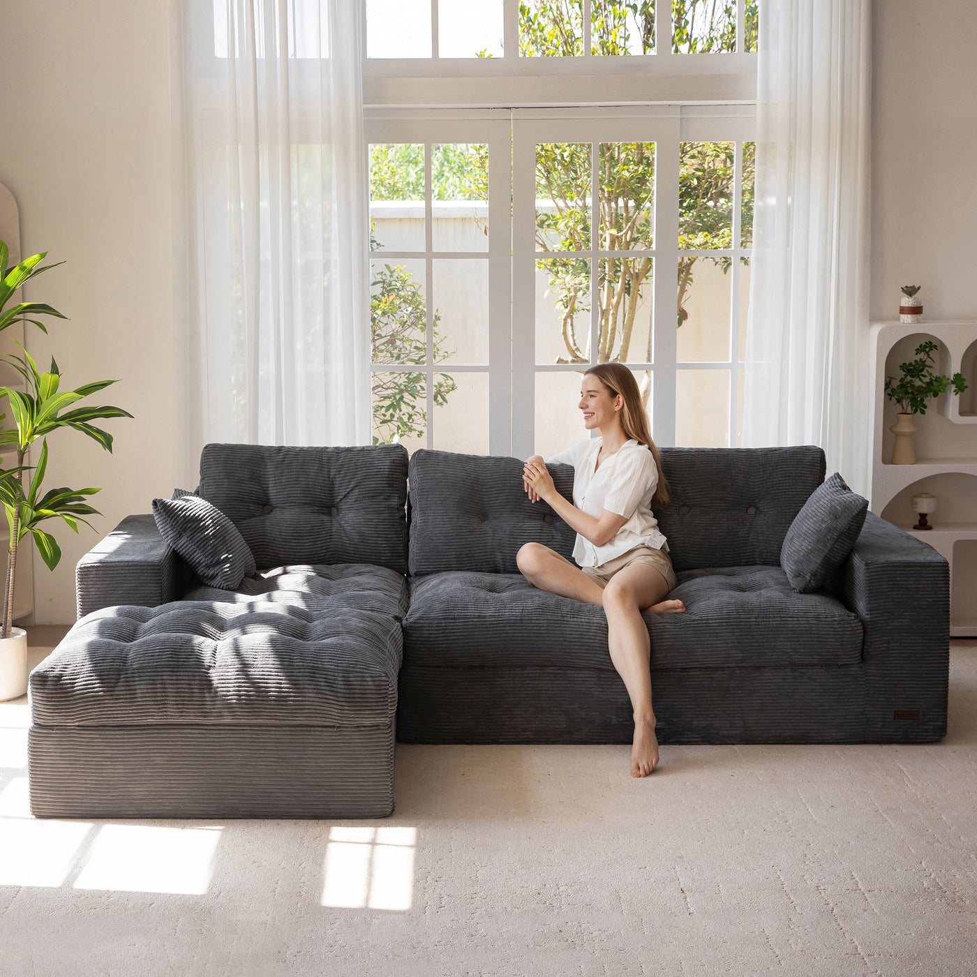 MAXYOYO L Shaped Sectional Sofa with Ottoman, Cloud Boneless Couch with Layered Cushion, Upholstered Modular Sofa with Tufting, Flexible Module Combination for Living Room, No Assembly, Dark Grey