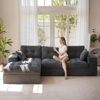 MAXYOYO L Shaped Sectional Sofa with Ottoman, Cloud Boneless Couch with Layered Cushion, Upholstered Modular Sofa with Tufting, Flexible Module Combination for Living Room, No Assembly, Dark Grey