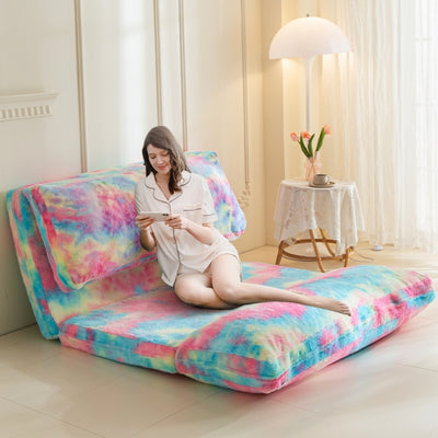 MAXYOYO Bean Bag Folding Sofa Bed, Floor Mattress Extra Thick Floor Sofa with Faux Fur Washable Cover, Rainbow