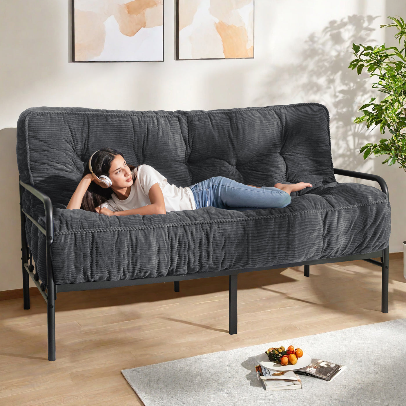 MAXYOYO 8" Futon Mattress Full Size, Ultra Thick Futons Sofa Couch Bed Tufted Sleeper Sofa Bed, Floor Mattress for Adults, Shredded Foam Filling (Frame Not Included)