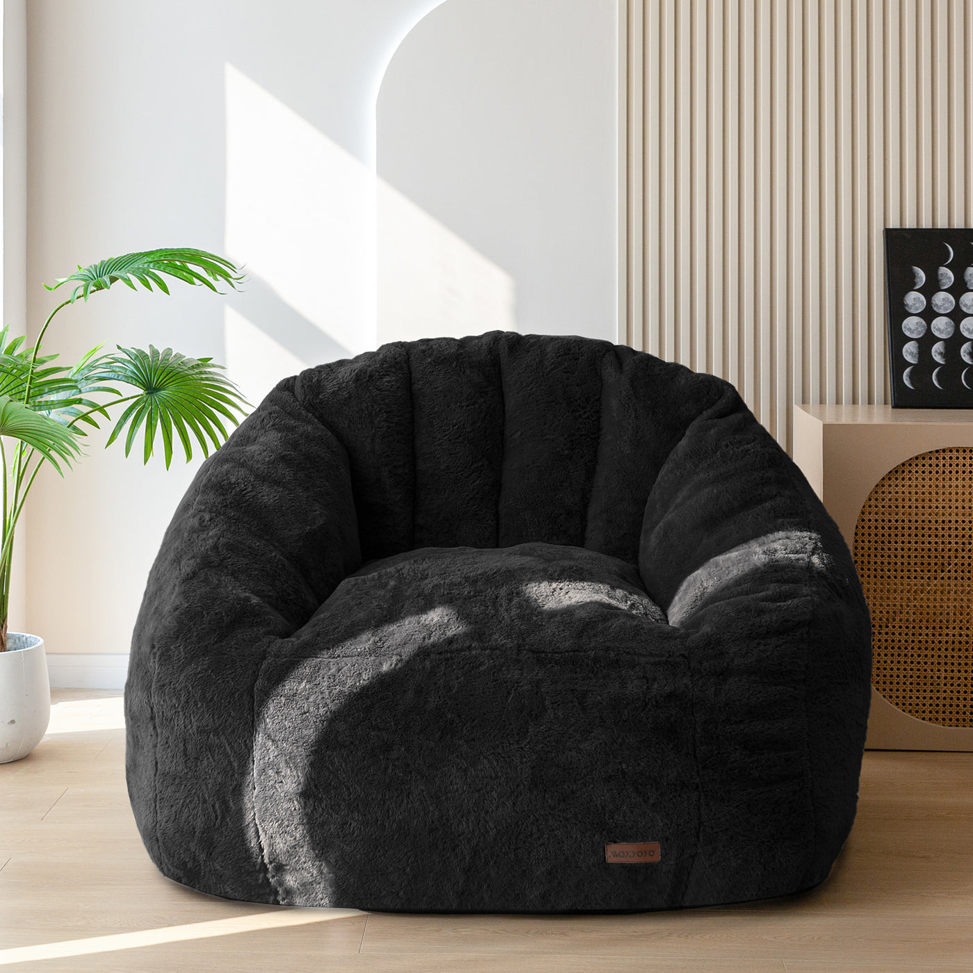MAXYOYO Giant Bean Bag Chair, Oversized Bean Bag Couch for Adults and Kids, Faux Fur Shell-Shaped Large Chair with Filler, Stuffed Big Accent Sofa Lounge Floor Sofa for Gaming, Reading, Black