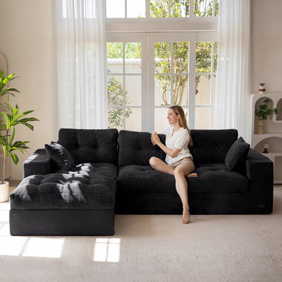 MAXYOYO L Shaped Sectional Sofa with Ottoman, Cloud Boneless Couch with Layered Cushion, Upholstered Modular Sofa with Tufting, Flexible Module Combination for Living Room, No Assembly Required, Black