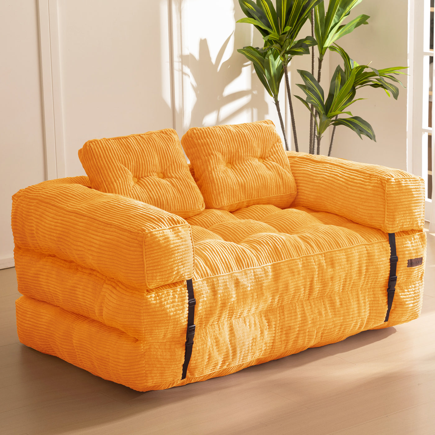 MAXYOYO Folding Sofa Bed, L-Shaped Convertible Sofa Bed with Armrest Foldable Sleeper Couch with Pillow, Portable Fold Out Chair Comfy Floor Couch Lounge for Living Room Bedroom, Double, Orange