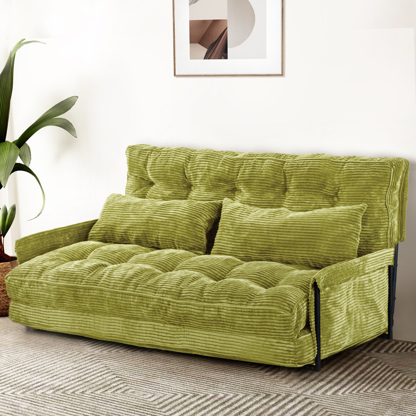 MAXYOYO Adjustable Floor Sofa Bed with 2 Pillows, Multi-Functional Bean Bag Sleeper Bed with Armrest for Reading Gaming, Green