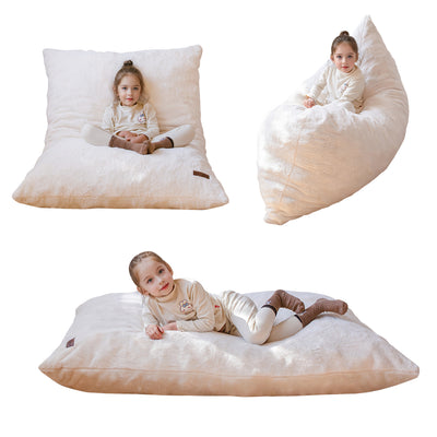 MAXYOYO 3 in 1 Kids Bean Bag Chair Bed, Faux Fur Child Floor Sofa for Gaming, Reading (Beige)