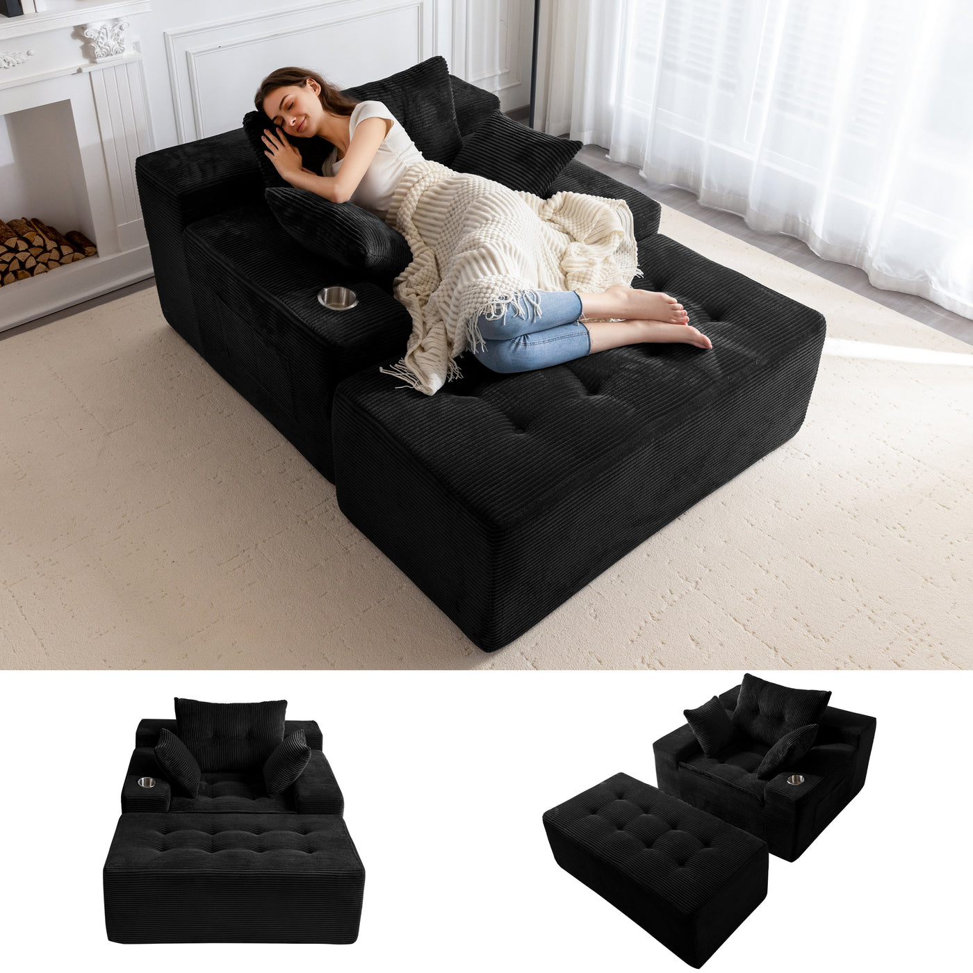MAXYOYO Modular Sectional Chaise Lounge Sofa, Upholstered Lounge Chair with Pillows Indoor, Tufted Boneless Sofa Couch with Ottoman, Deep Seat Sleeper Chair for Living Room, No Assembly