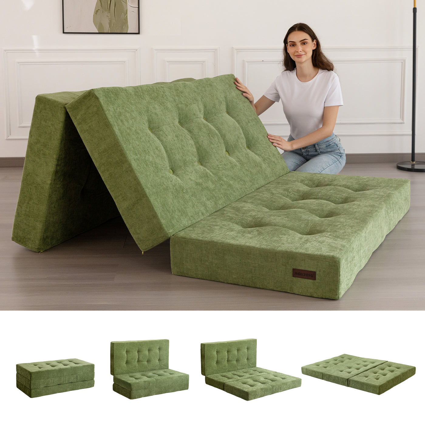 MAXYOYO Tri-Fold Mattress, 6 Inch Tufted Folding Mattress with Chenille Fabric, Portable Queen Size Floor Guest Mat for Adults, Foldable Topper for Camping