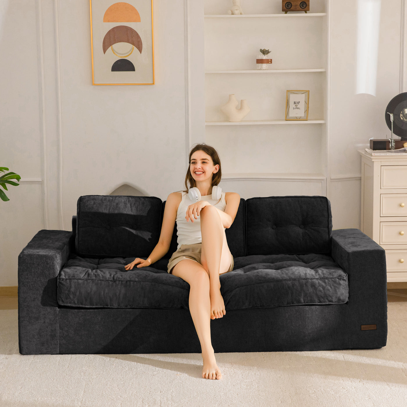 MAXYOYO Boneless Sofa Couch, Loveseat Sofa for Small Space, Tufted 3-Seater Floor Couch Bean Bag Chair for Living Room Bedroom Apartment, Sofa in a Box, No Assembly Needed