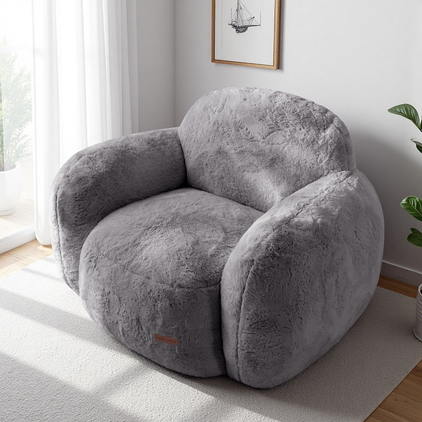 MAXYOYO Pebble-Shaped Bean Bag Chair – Faux Fur Floor Sofa with Backrest & Armrests