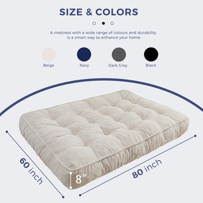 MAXYOYO 8" Futon Mattress Full Size, Ultra Thick Futons Sofa Couch Bed Tufted Sleeper Sofa Bed, Floor Mattress for Adults, Shredded Foam Filling (Frame Not Included), Beige