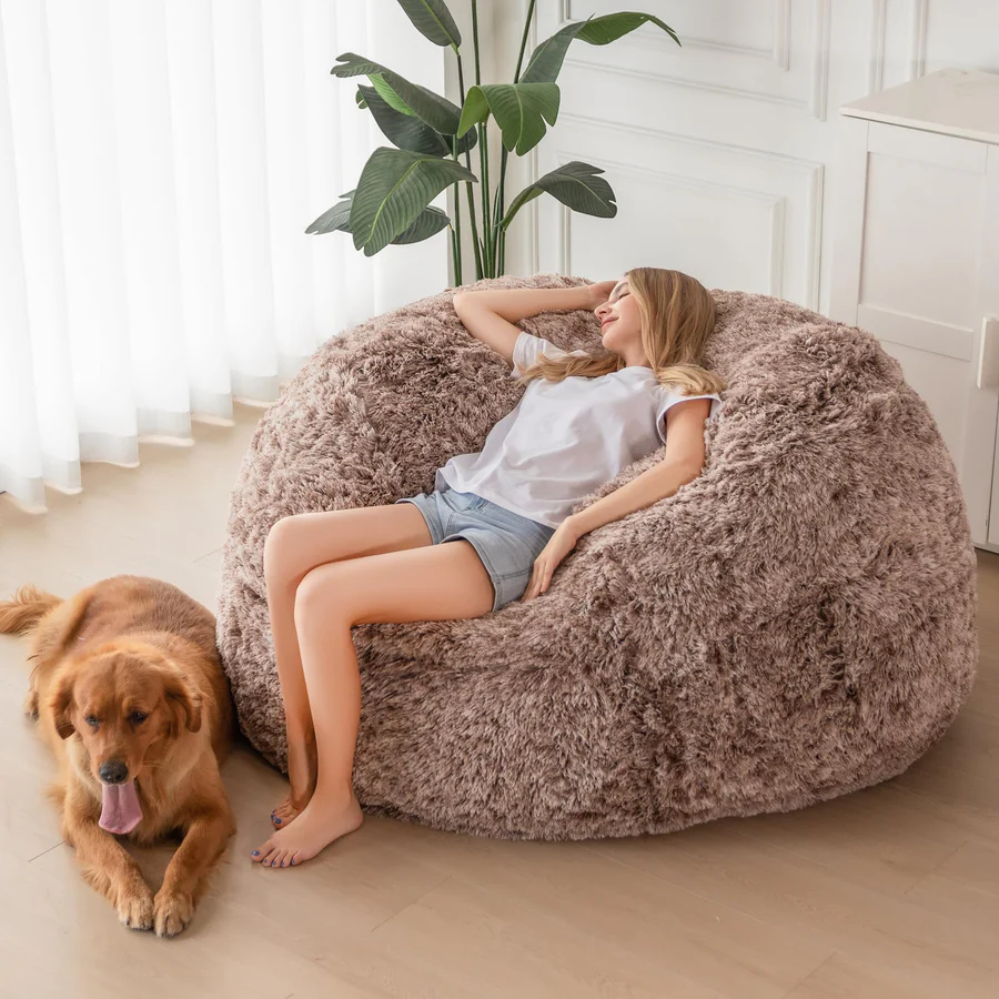 MAXYOYO Bean Bag Bed, Faux Fur Beanbag Chair to Velvet Floor Bed with Removable Cover, Coffee, Full, image size:900x900