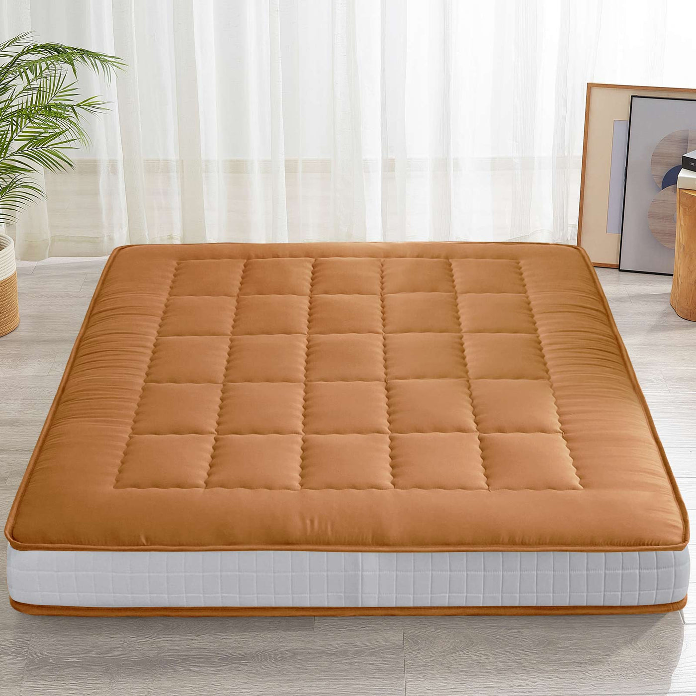 MAXYOYO 6" Extra Thick Japanese Futon Mattress with Rectangle Quilted, Stylish Floor Bed For Family, Light Brown