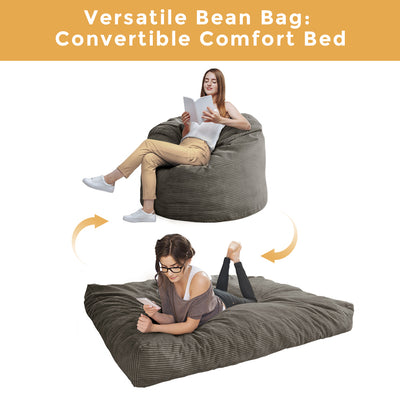 MAXYOYO Convertible Bean Bag Bed, 4ft Corduroy Bean Bag Chairs that Turn into Beds Queen, Dark Grey