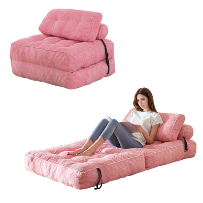 MAXYOYO Corduroy Folding Sofa Bed, Convertible Sleeper Chair with Pillow Foldable Mattress with Back Support, Pink