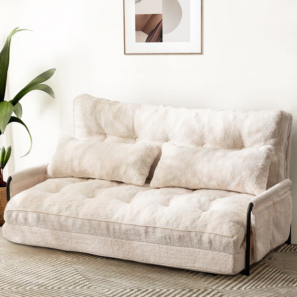 MAXYOYO Adjustable Floor Sofa Couch with 2 Pillows, Boucle Convertible Lazy Sofa Sleeper Bed with Armrest, Double, Beige