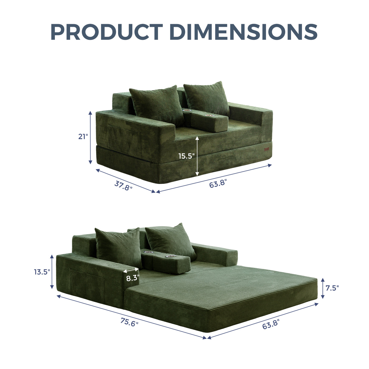 MAXYOYO Loveseat Sofa Bed in a Box – Corded 4-in-1 Floor Couch with Cup Holders, No Tools Needed, Dark Green