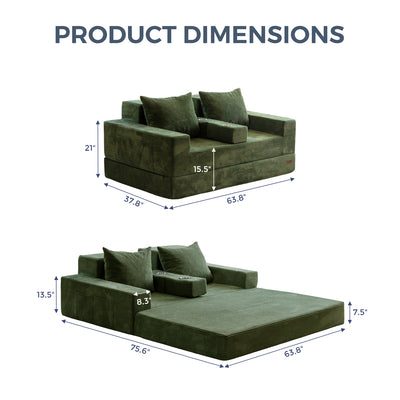 MAXYOYO Loveseat Sofa Bed in a Box – Corded 4-in-1 Floor Couch with Cup Holders, No Tools Needed, Dark Green