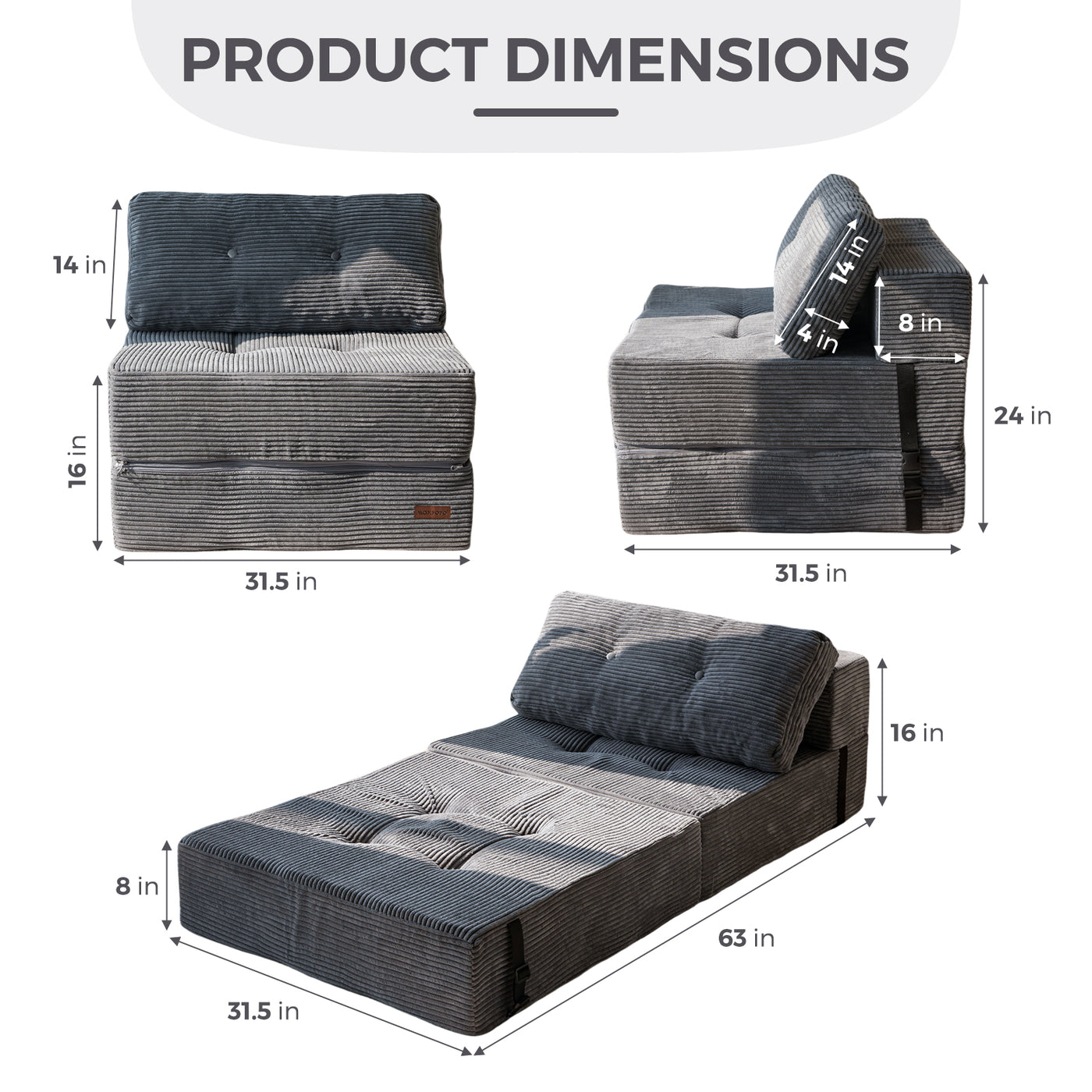 MAXYOYO Folding Sofa Bed, Convertible Sofa Bed with High-Density Support Foam for Living Room Bedroom, Dark Grey