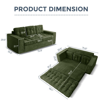 MAXYOYO 3-Seater Convertible Sofa Bed – Corded 2-in-1 Pull-Out Floor Couch with Pillows for Living Room, No Assembly