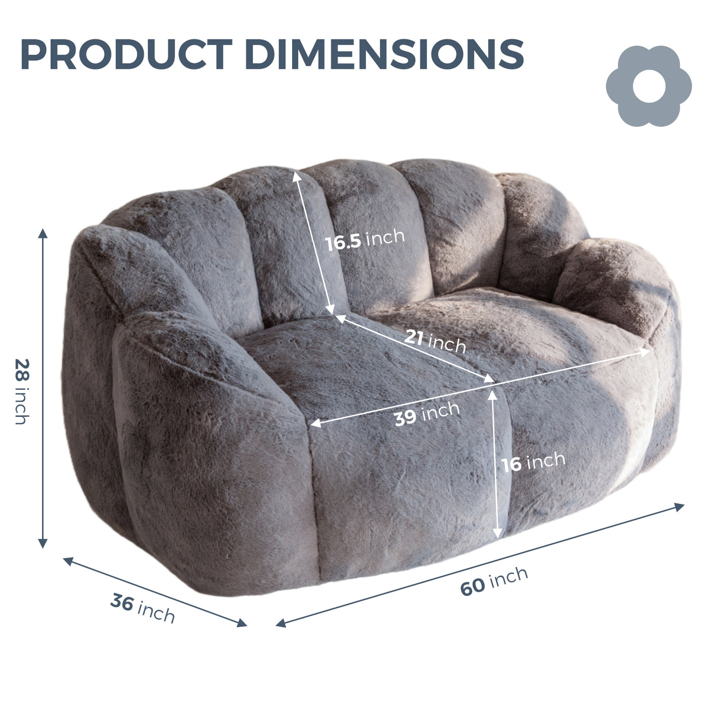 MAXYOYO Bean Bag Chair, Ultra Soft Faux Fur Loveseat Floral Petal Back Sofa for Adults, Double Size (Dark Grey)
