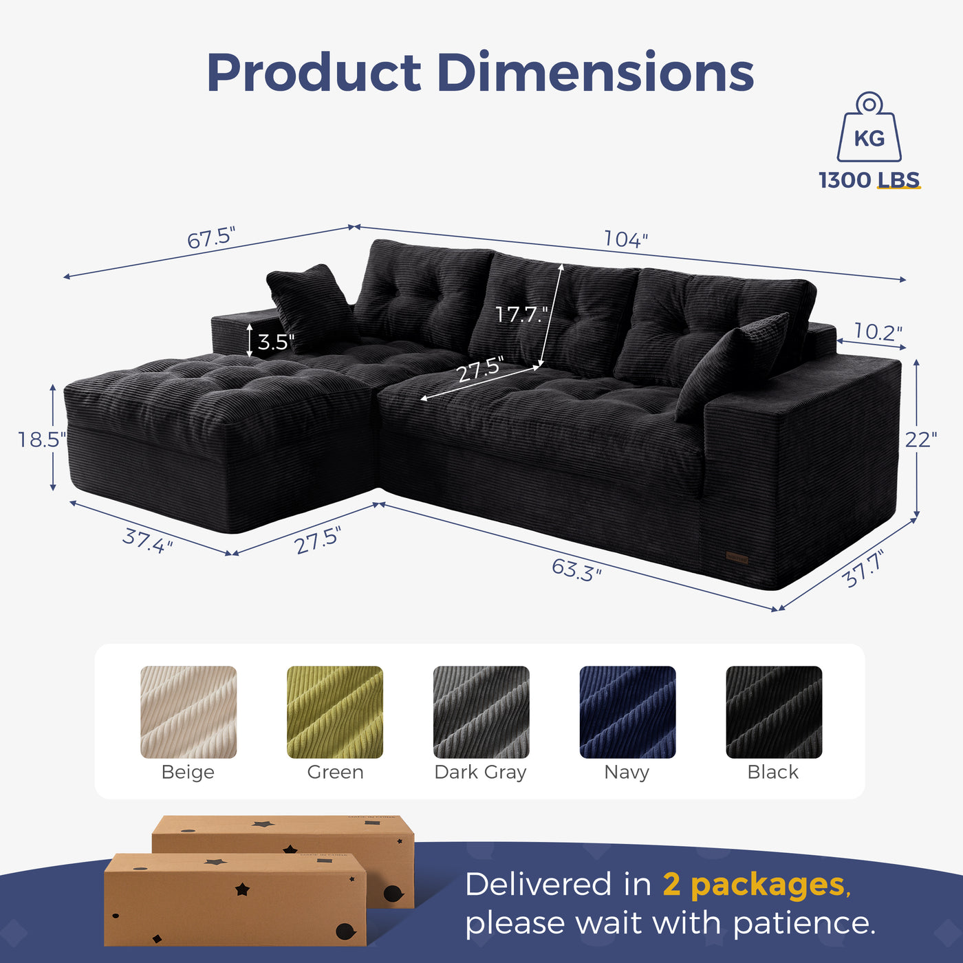 MAXYOYO L Shaped Sectional Sofa with Ottoman, Cloud Boneless Couch with Layered Cushion, Upholstered Modular Sofa with Tufting, Flexible Module Combination for Living Room, No Assembly Required, Black