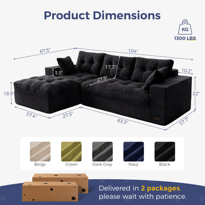 MAXYOYO L Shaped Sectional Sofa with Ottoman, Cloud Boneless Couch with Layered Cushion, Upholstered Modular Sofa with Tufting, Flexible Module Combination for Living Room, No Assembly Required, Black
