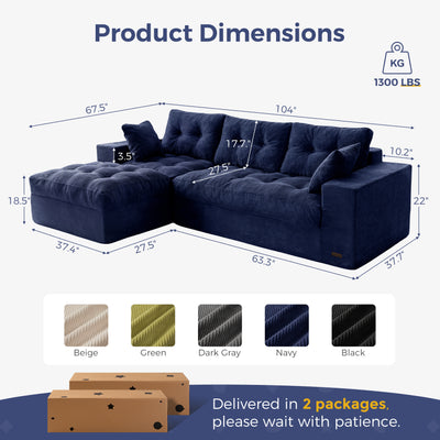 MAXYOYO L Shaped Sectional Sofa with Ottoman, Cloud Boneless Couch with Layered Cushion, Upholstered Modular Sofa with Tufting, Flexible Module Combination for Living Room, No Assembly Required, Navy