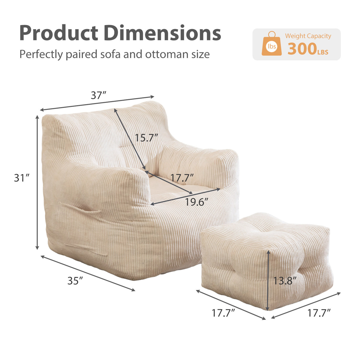 MAXYOYO Tufted Bean Bag Chair with Ottoman, Corduroy Bean Bag Couch Lazy Chair with Filler for Adult, Beige