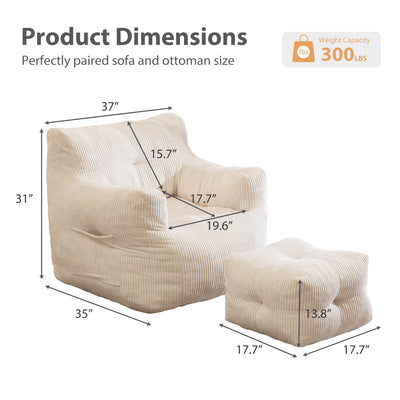 MAXYOYO Tufted Bean Bag Chair with Ottoman, Corduroy Bean Bag Couch Lazy Chair with Filler for Adult, Beige