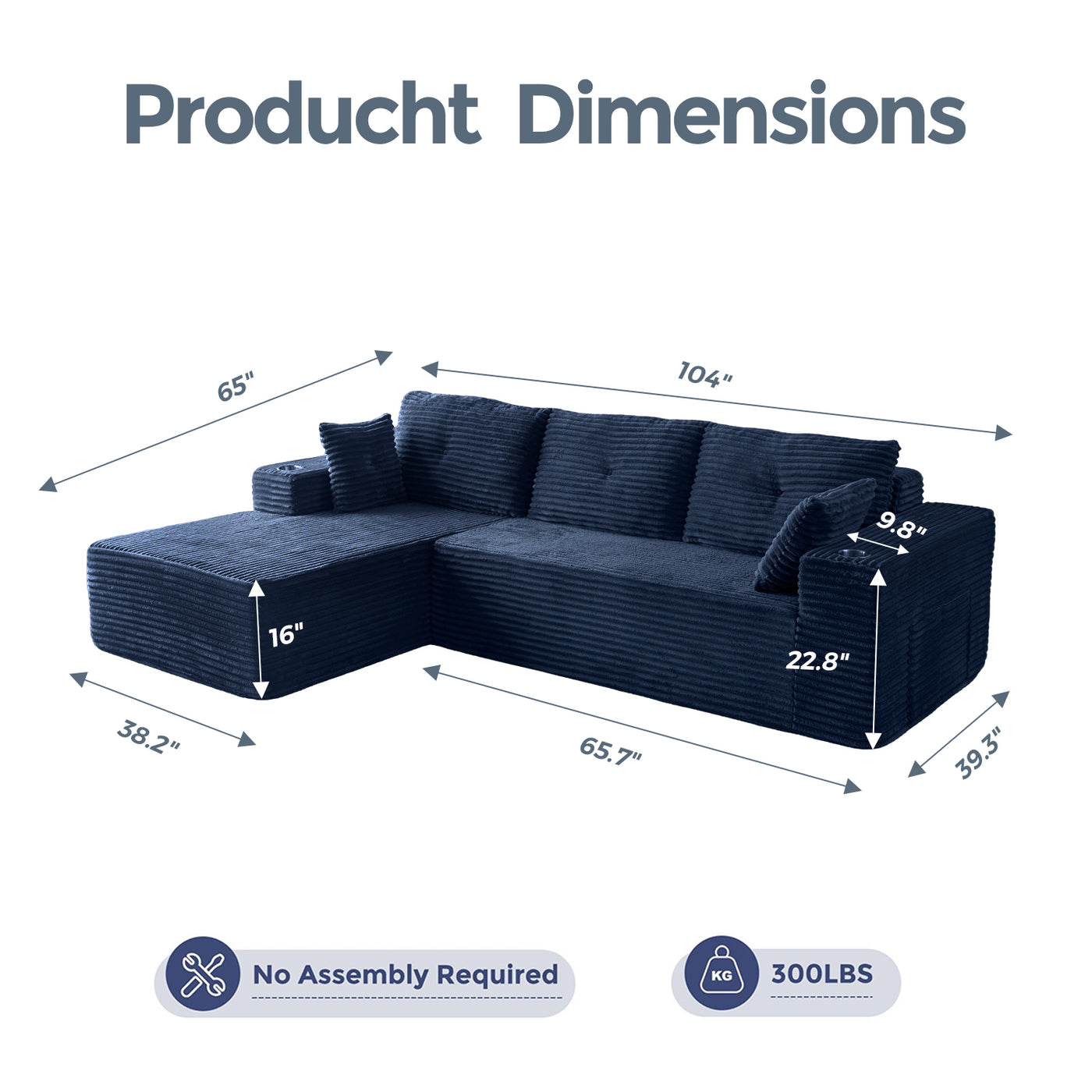 MAXYOYO 104" L-Shape Sectional Sofa - Corduroy Cloud Modular Couch for Living Room, Navy
