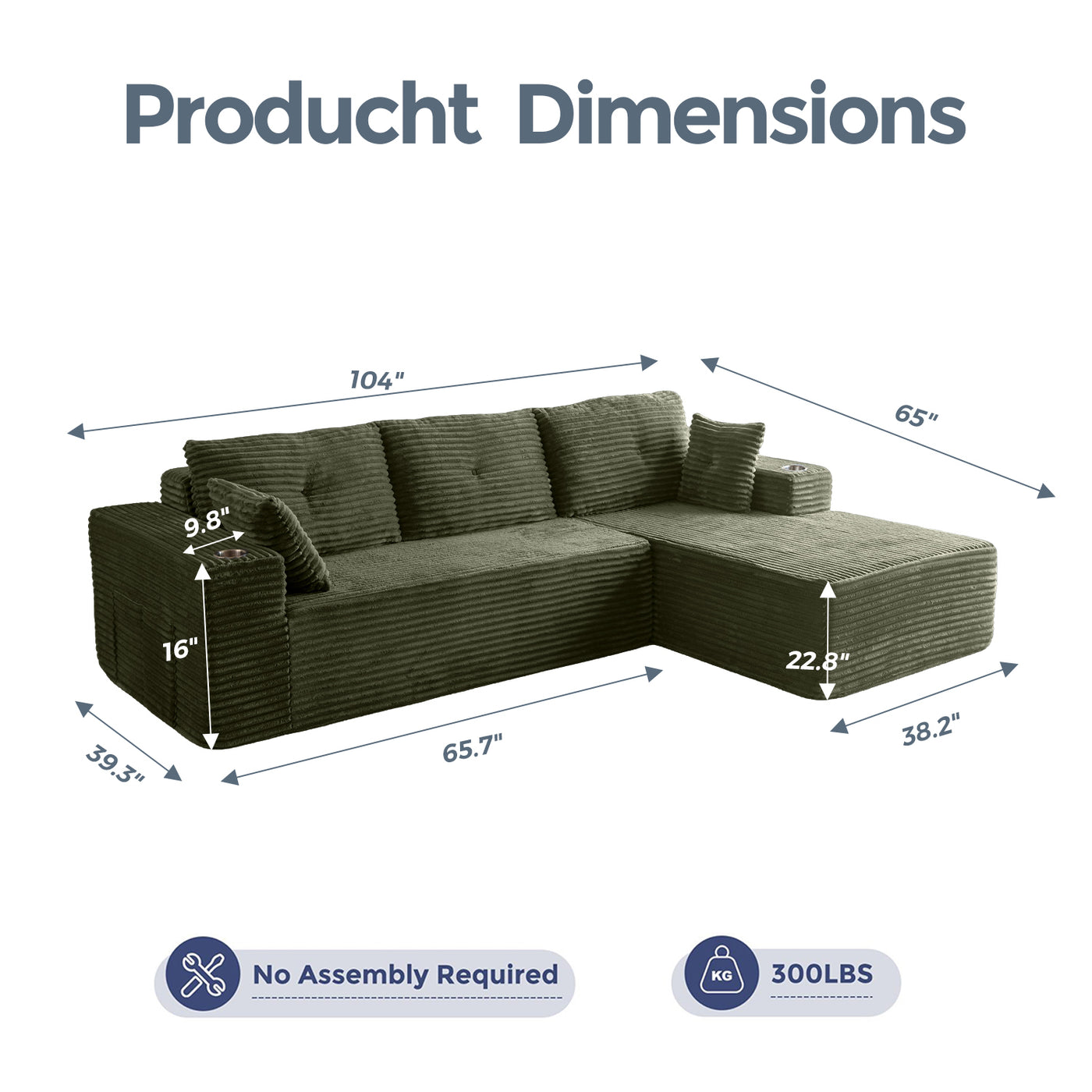 MAXYOYO 104" L-Shape Sectional Sofa - Corduroy Cloud Modular Couch for Living Room, Green