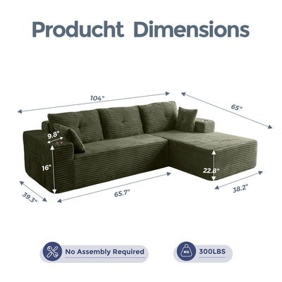 MAXYOYO 104" L-Shape Sectional Sofa - Corduroy Cloud Modular Couch for Living Room, Green