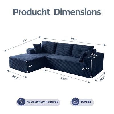 MAXYOYO 104" L-Shape Sectional Sofa - Corduroy Cloud Modular Couch for Living Room, Navy