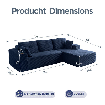 MAXYOYO 104" L-Shape Sectional Sofa - Corduroy Cloud Modular Couch for Living Room, Navy
