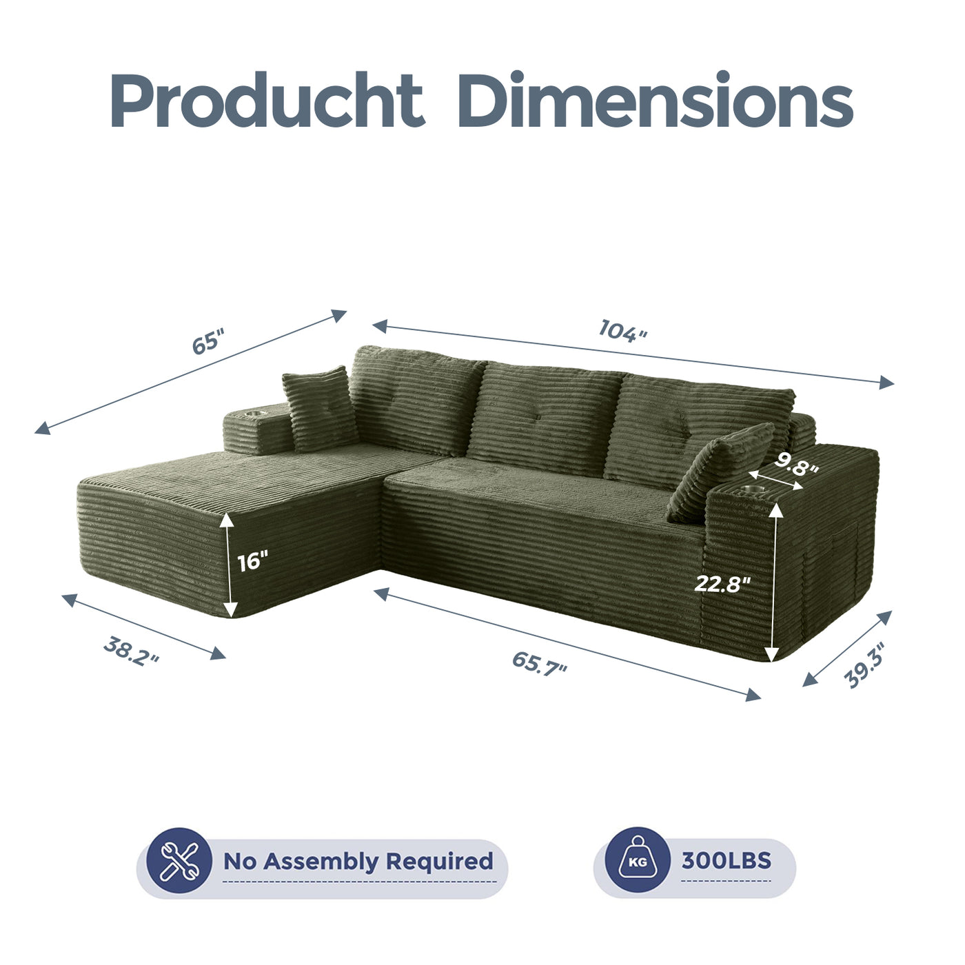 MAXYOYO 104" L-Shape Sectional Sofa - Corduroy Cloud Modular Couch for Living Room, Green