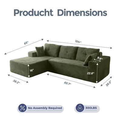 MAXYOYO 104" L-Shape Sectional Sofa - Corduroy Cloud Modular Couch for Living Room, Green
